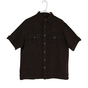 Claiborne 100% Mens Shirt Dark Brown Linen Short Sleeve Button Up Work